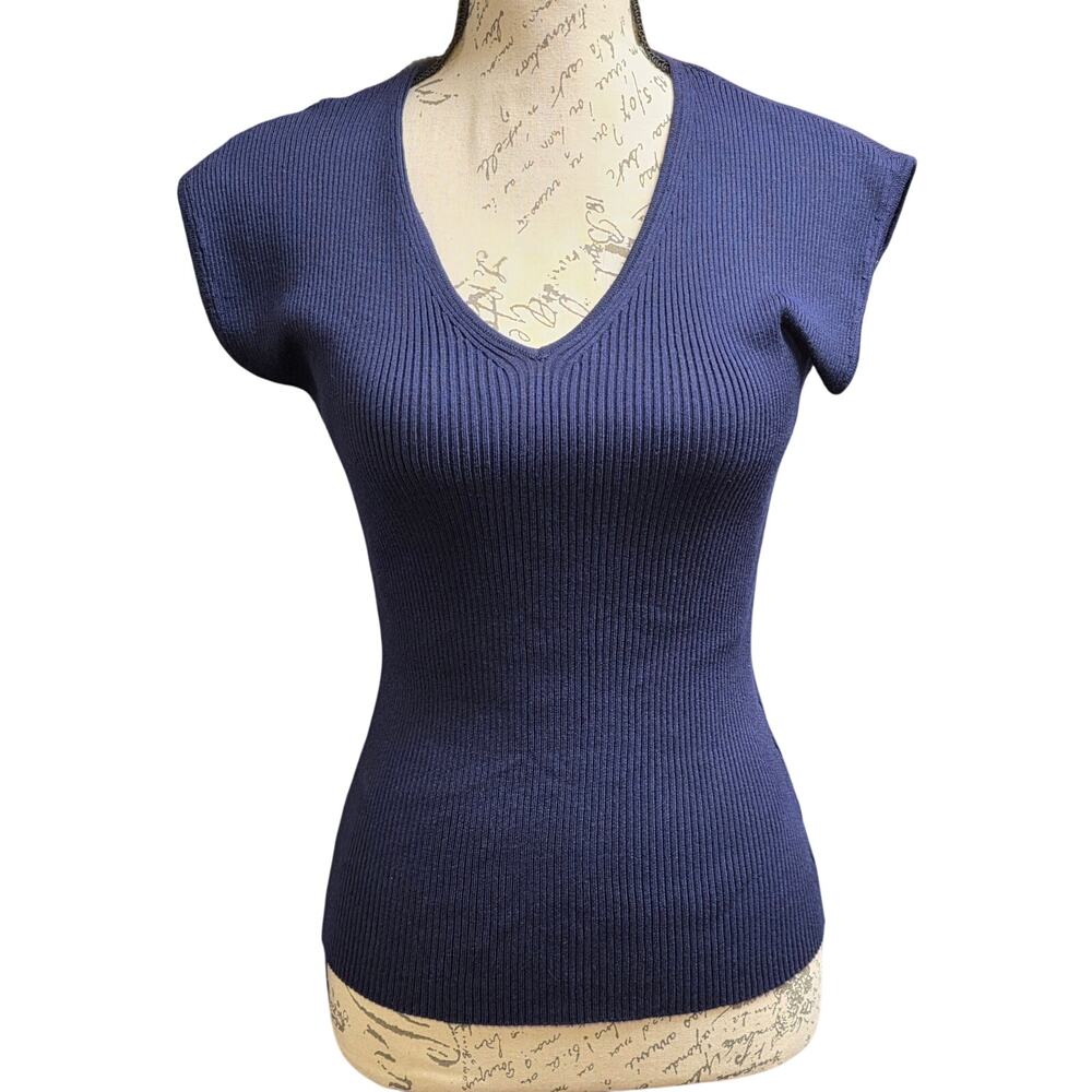 Lesley Evers Womens M/L Solid Navy Blue Ribbed Blouse Top Stretch Deep V Neck‎